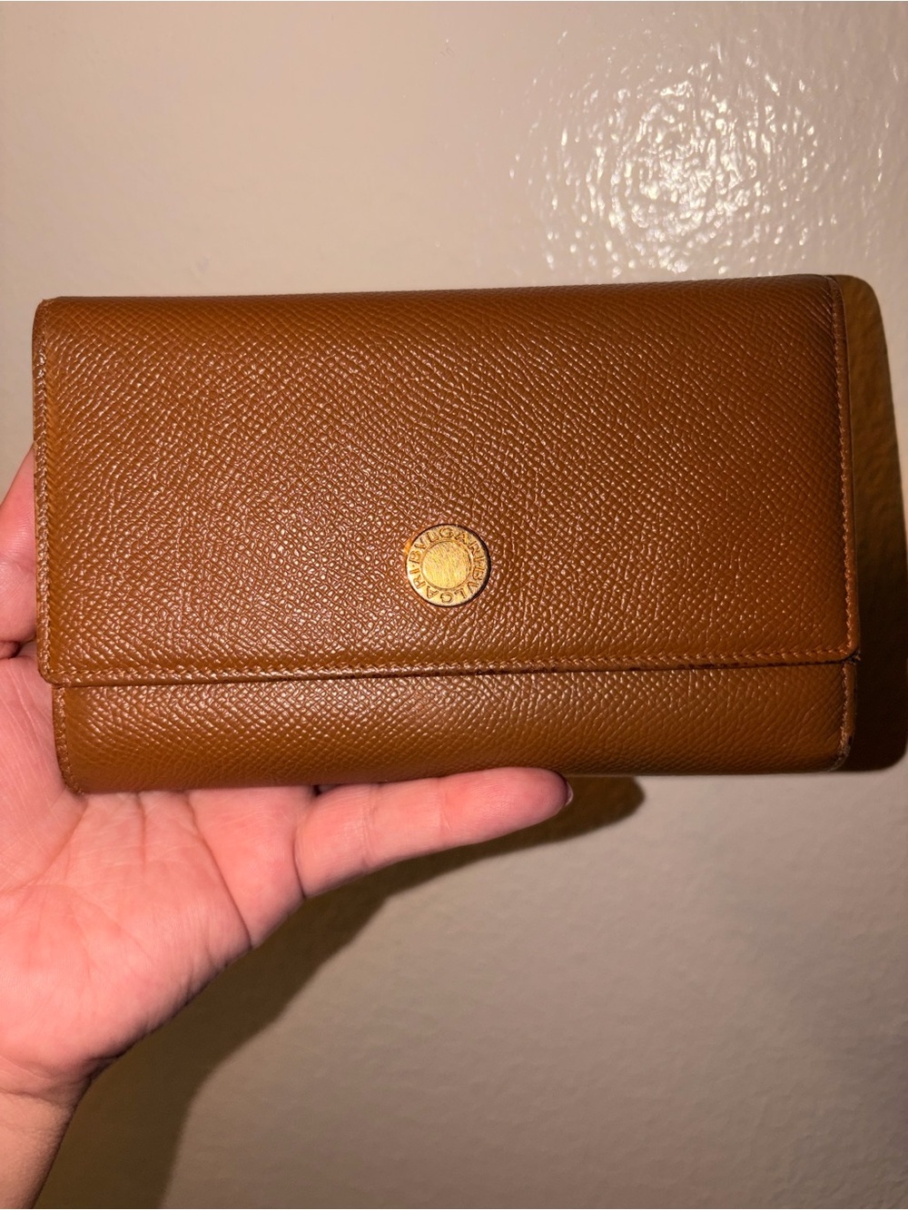 Bvlgari Tan Camel Leather Snap Closure Wallet